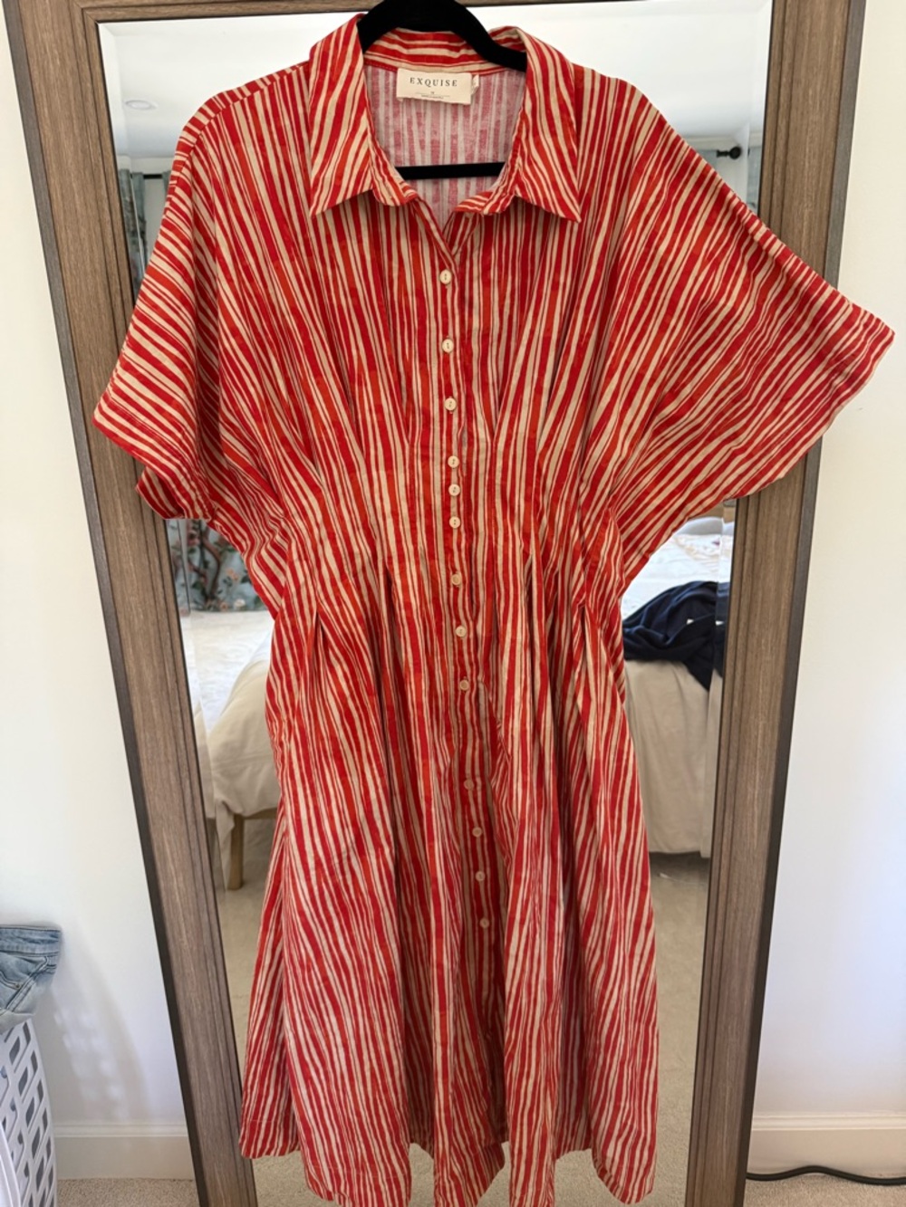 Anthropologie Exquise Tobie Red and Cream Striped Button-Front Midi Dress